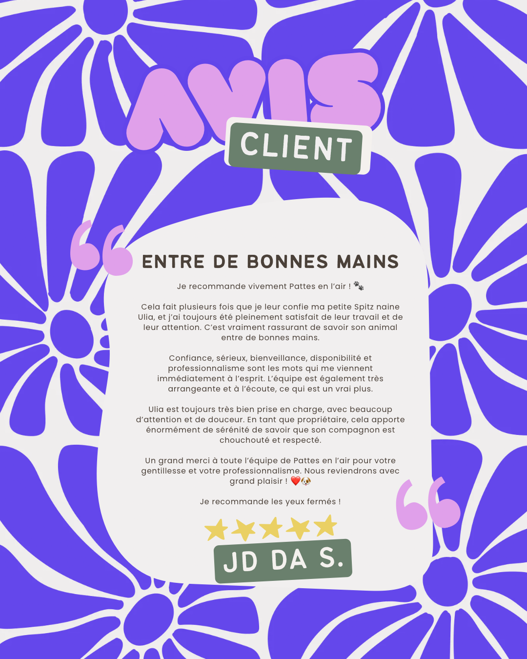 Avis client de JD Da S. sur Pattes en l'air
